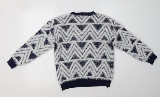 Best Live Womens Blue Crew Neck Geometric Acrylic Pullover Jumper Size S