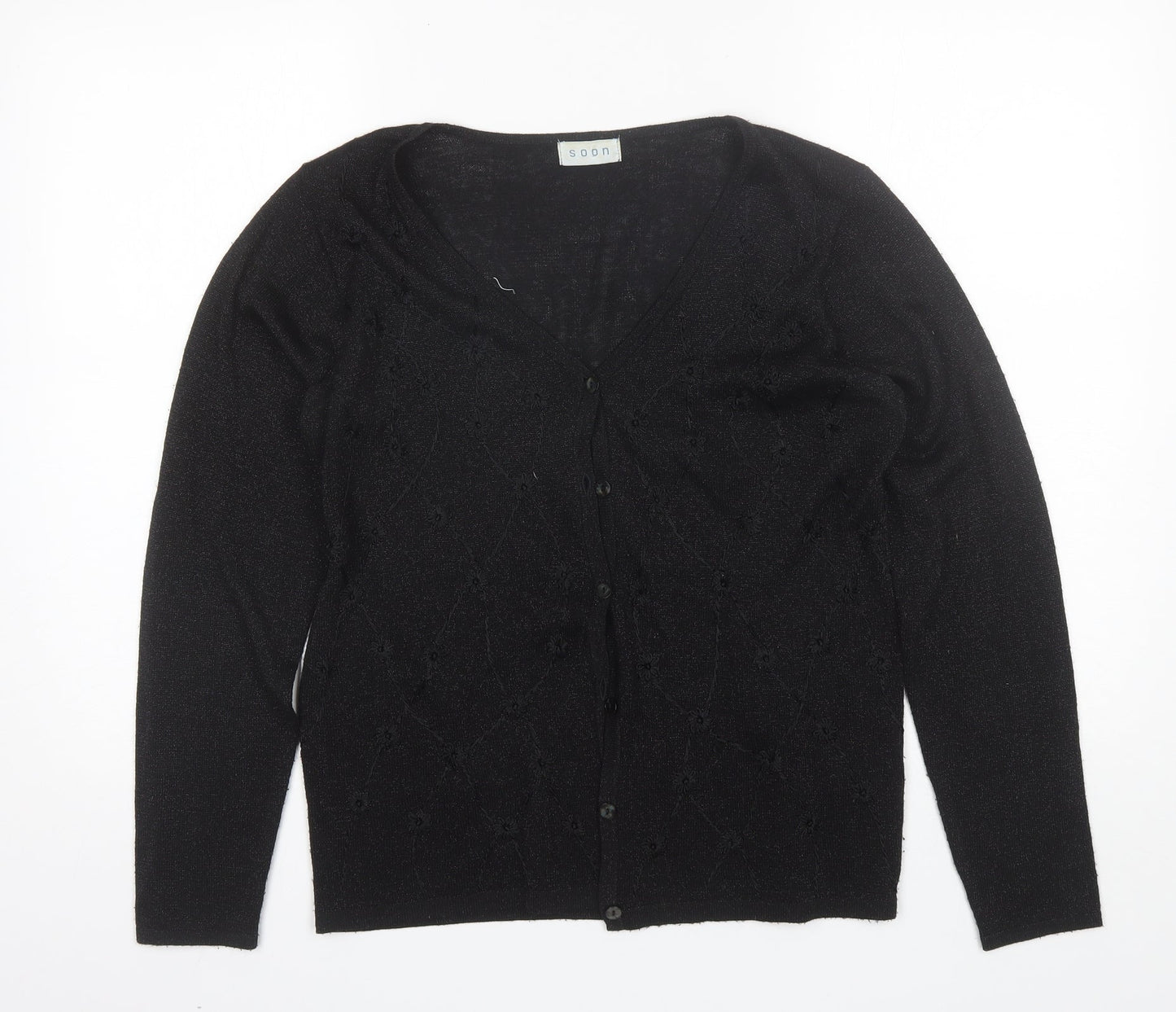Soon Womens Black V-Neck  Viscose Cardigan Jumper Size S