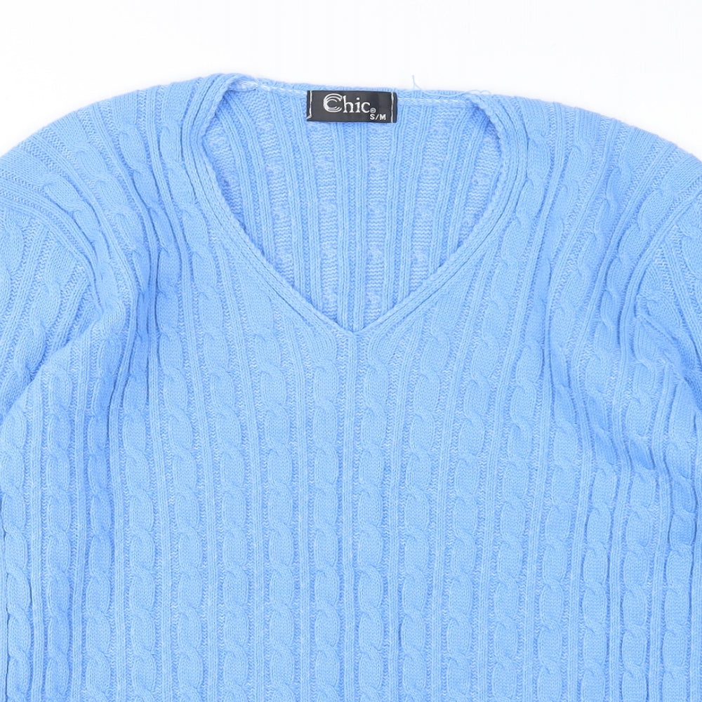CHIC Womens Blue V-Neck  Acrylic Pullover Jumper Size S