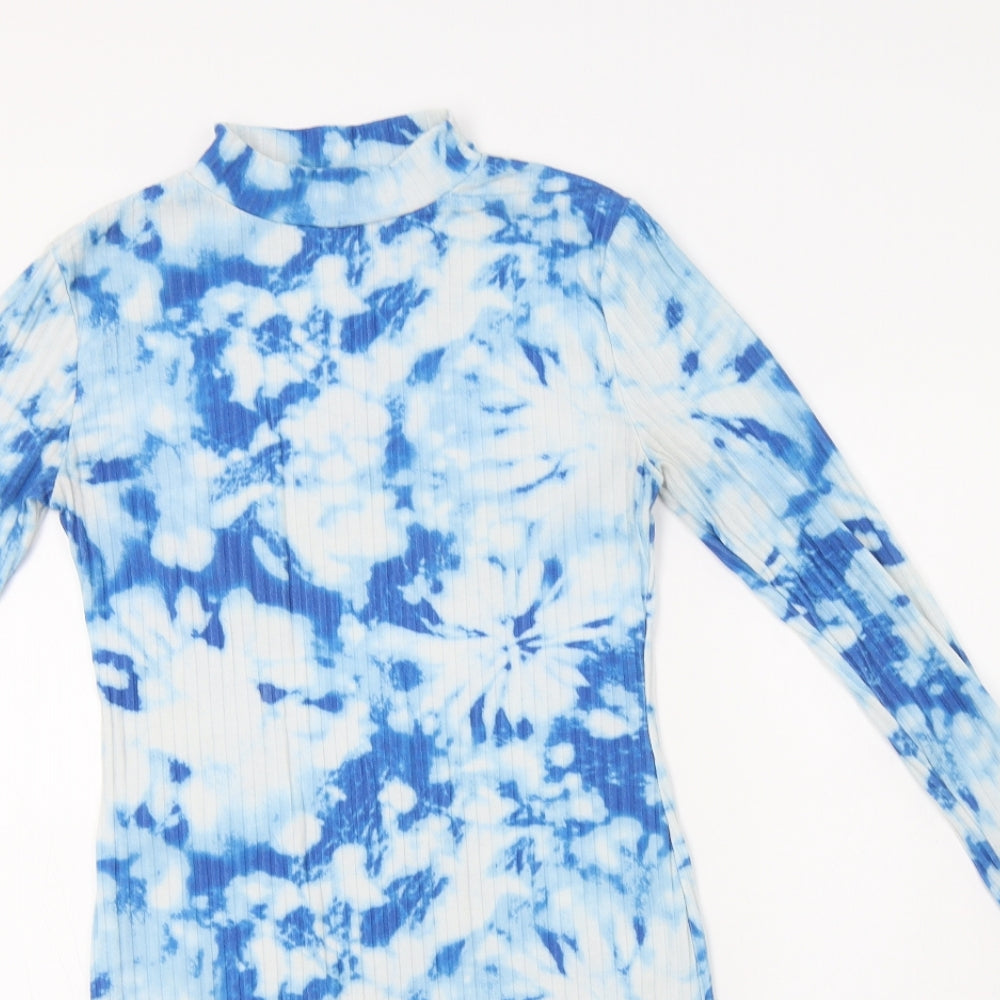 Mode-LL Womens Blue Batik Polyester Bodycon  Size 8  Mock Neck