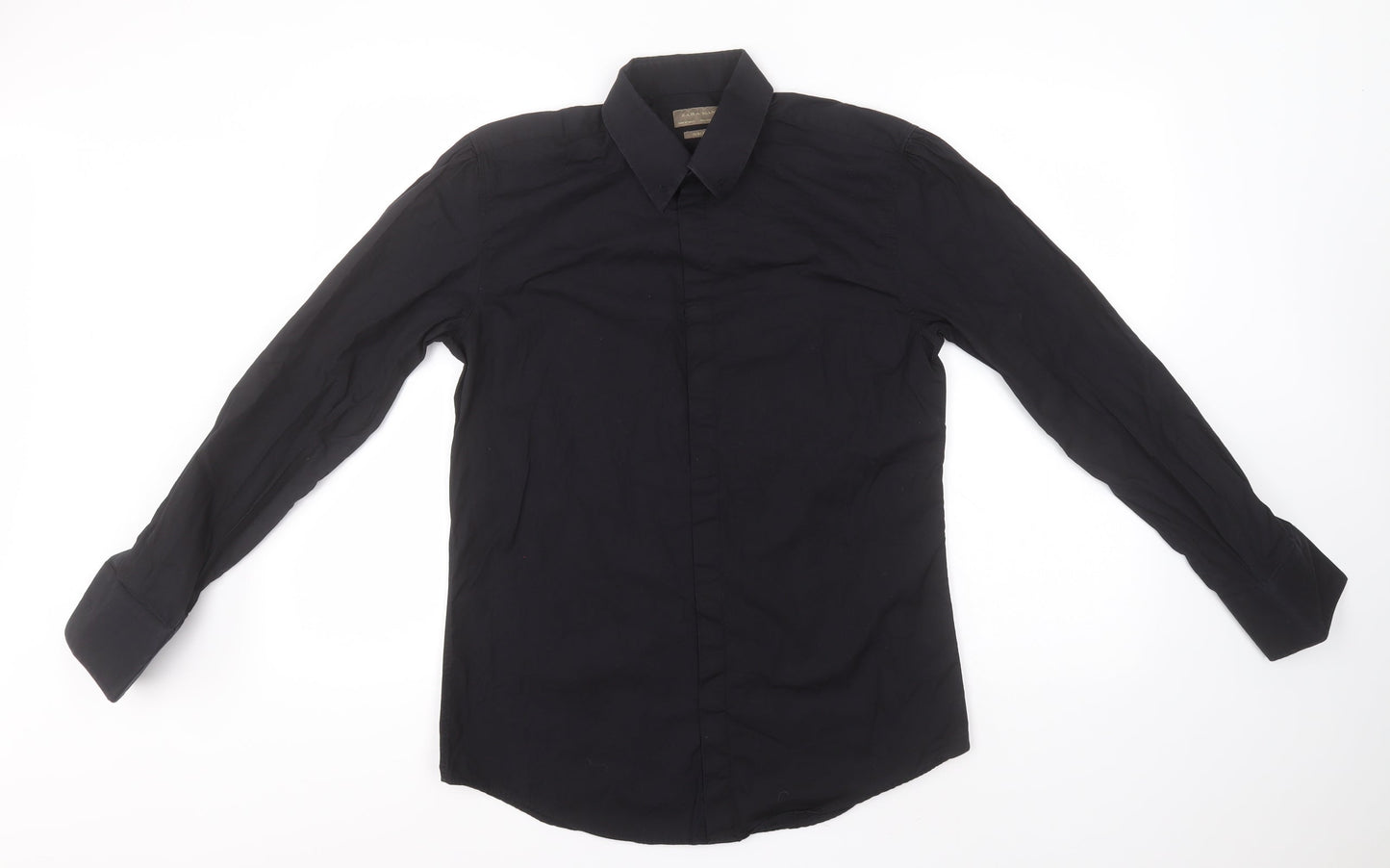 Zara Womens Black  Cotton Basic Button-Up  Collared