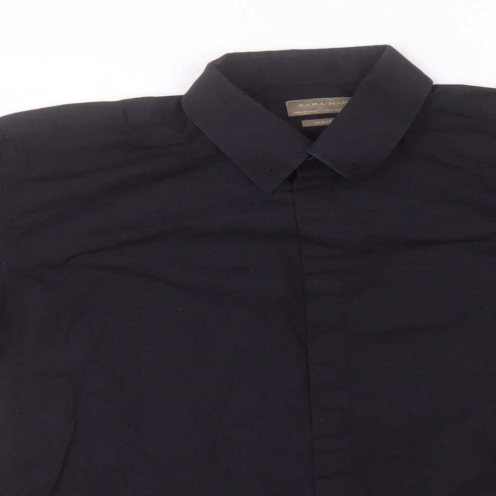 Zara Womens Black  Cotton Basic Button-Up  Collared