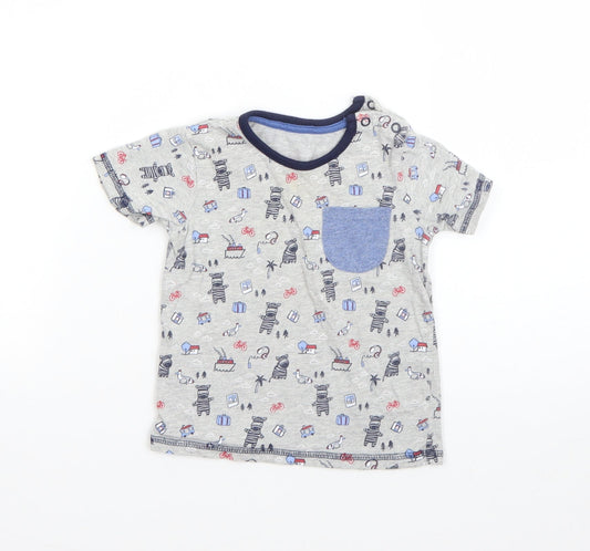 George Boys Grey  Cotton Basic T-Shirt Size 9-12 Months Round Neck  - zebra