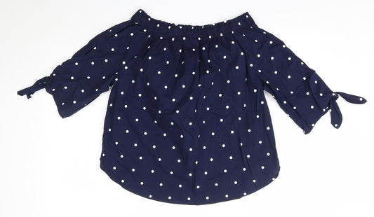 H&M Womens Blue Polka Dot 100% Cotton Basic Blouse Size 6 Off the Shoulder