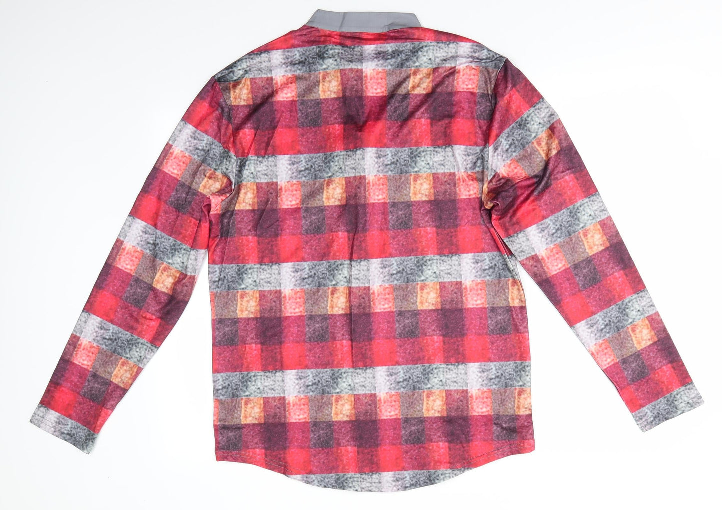 Preworn Mens Red Check   Button-Up Size M Collared Button - Mandarin Collar Half way buttons