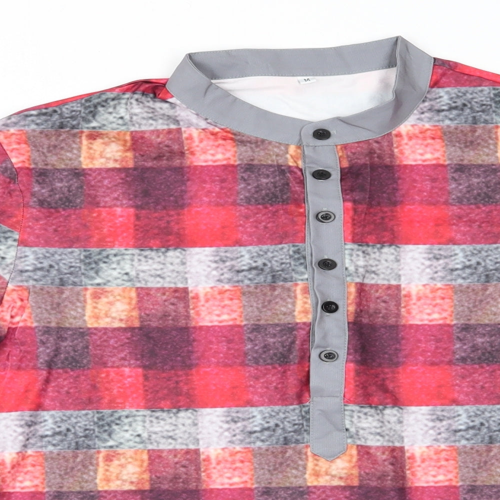 Preworn Mens Red Check   Button-Up Size M Collared Button - Mandarin Collar Half way buttons