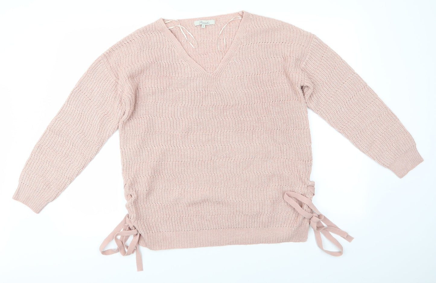 Peacocks Womens Pink V-Neck Striped Acrylic Pullover Jumper Size M   - Side Tie Details Same colour knit stripe
