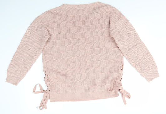 Peacocks Womens Pink V-Neck Striped Acrylic Pullover Jumper Size M   - Side Tie Details Same colour knit stripe