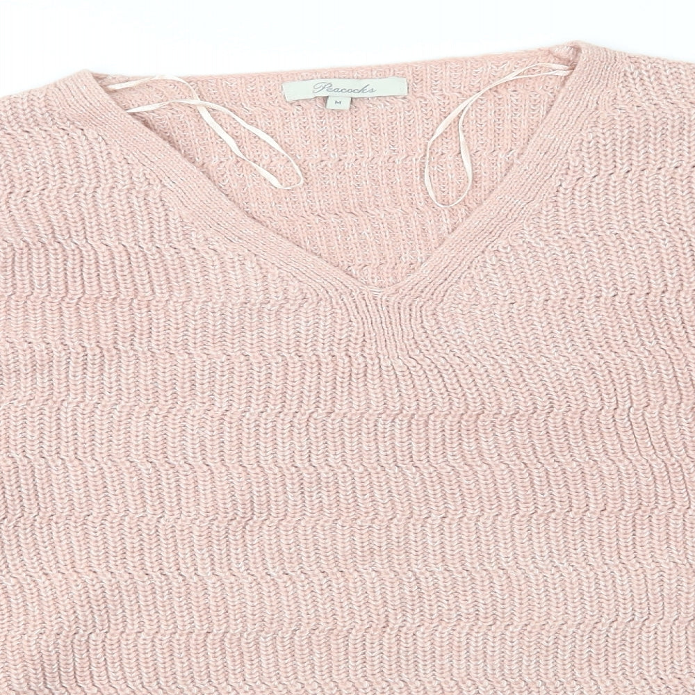 Peacocks Womens Pink V-Neck Striped Acrylic Pullover Jumper Size M   - Side Tie Details Same colour knit stripe