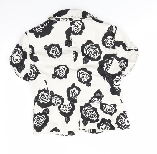 Autograph Womens Ivory Floral  Jacket  Size 12  Button - Black rose print Blouse style jacket Top stitching details Large flower buttons