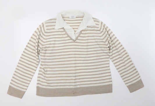 Editions Womens Beige Collared Striped Acrylic Pullover Jumper Size 18