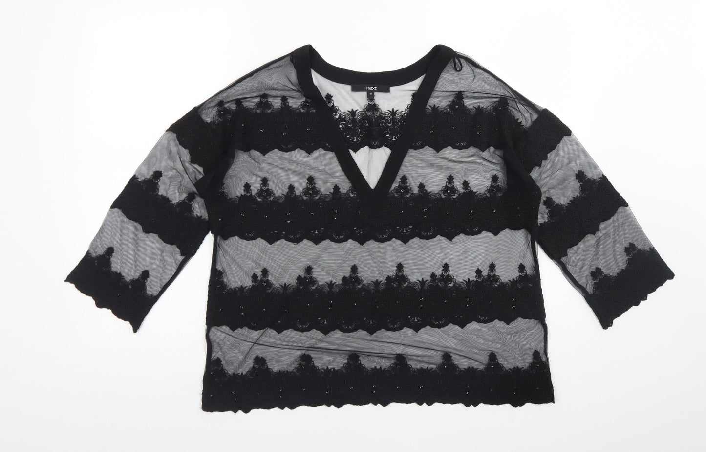 NEXT Womens Black Floral  Basic T-Shirt Size 12 V-Neck