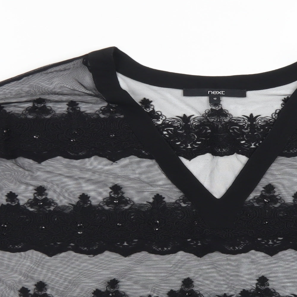 NEXT Womens Black Floral  Basic T-Shirt Size 12 V-Neck