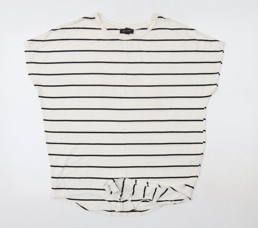 New Look Womens White Striped Viscose Basic Blouse Size 10 Round Neck