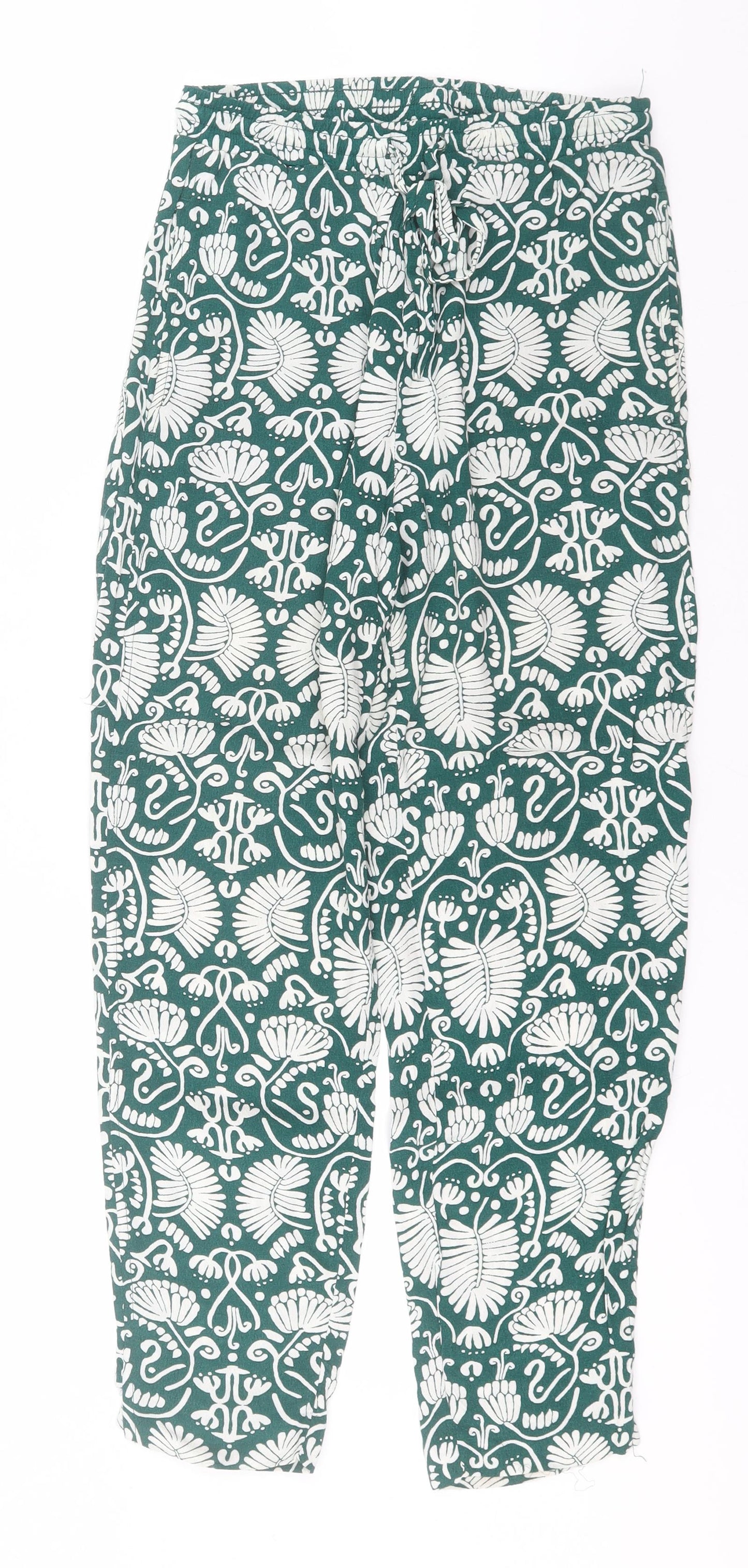 H&M Womens Green Floral Viscose Trousers  Size 4 L25 in Regular