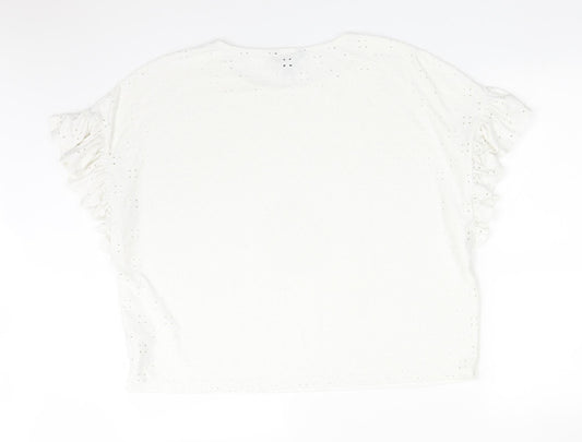 New Look Womens White Floral Polyester Basic T-Shirt Size 14 Round Neck