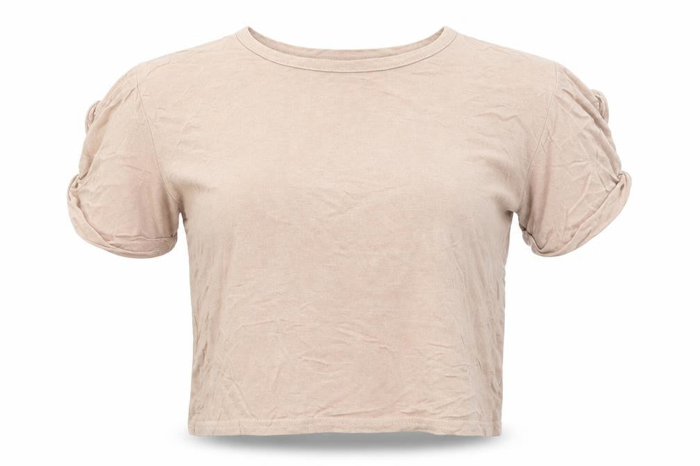 PRETTYLITTLETHING Womens Beige  Viscose Basic T-Shirt Size 6 Round Neck - Mocha colour Turn ups on sleeve