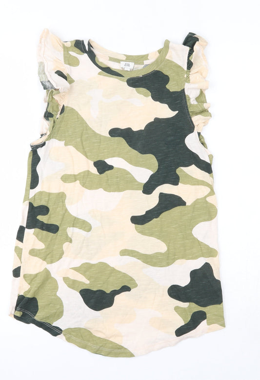 River Island Womens Multicoloured Camouflage 100% Cotton Basic Blouse Size 6 Round Neck