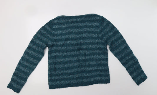 M&Co Womens Green Crew Neck Striped Polyester Pullover Jumper Size 16