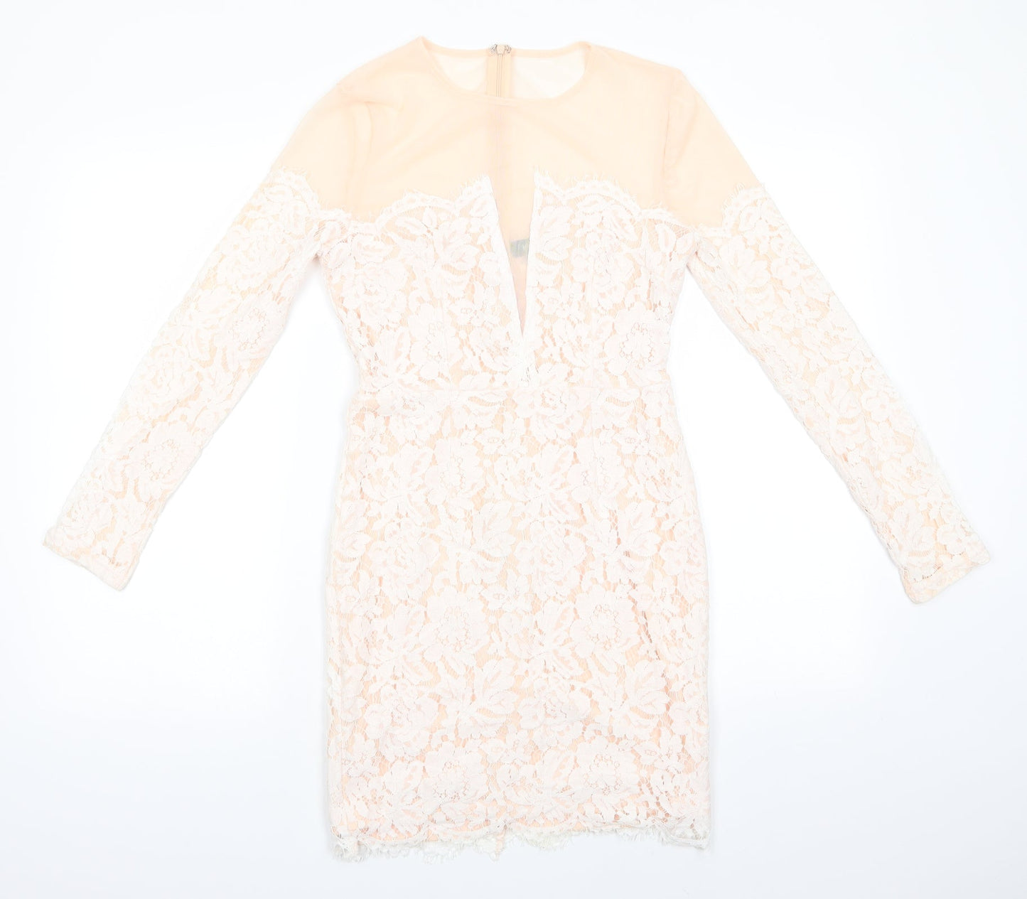 Missguided Womens Ivory Floral Polyester Bodycon  Size 10  Round Neck Zip - Peach with Lace Overlay Dress Sheer Shoulders