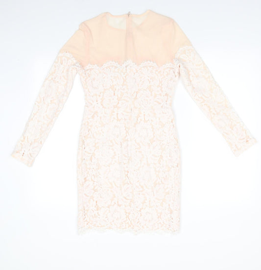 Missguided Womens Ivory Floral Polyester Bodycon  Size 10  Round Neck Zip - Peach with Lace Overlay Dress Sheer Shoulders