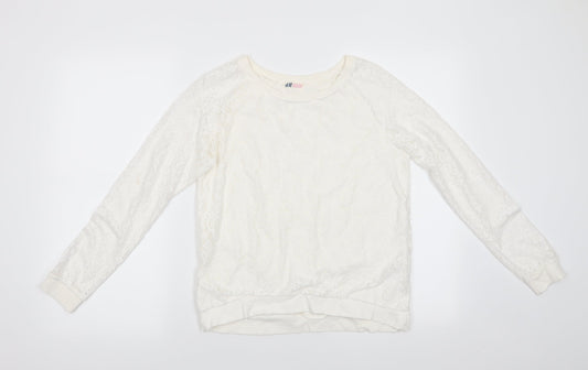 H&M Girls Ivory Floral Polyester Jersey Blouse Size 13-14 Years Round Neck Pullover - Lace Overlay