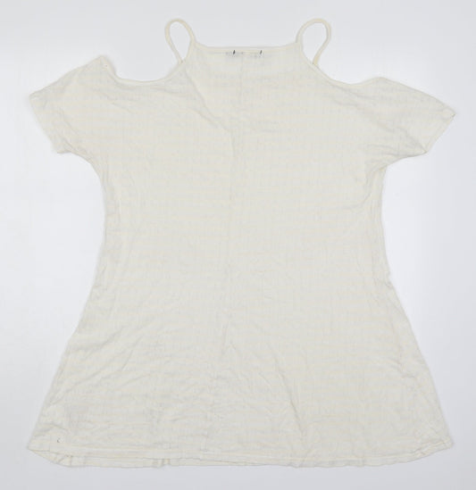 Miss Pretty World Womens Ivory Striped Polyester Basic T-Shirt Size 14 Round Neck - Cream Coloured