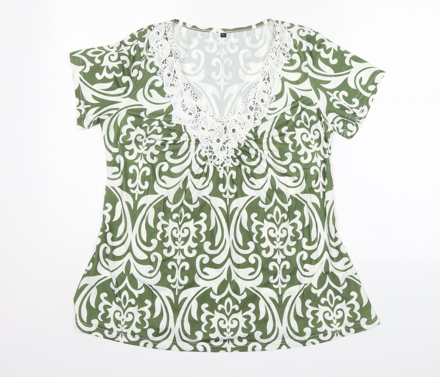 Preworn Womens Multicoloured Floral Polyester Basic T-Shirt Size L V-Neck