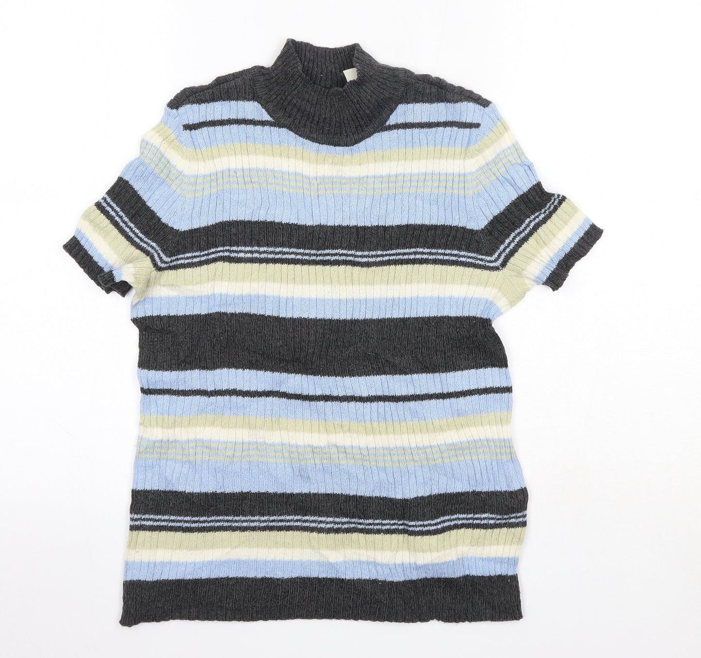 First Issue Womens Blue High Neck Striped Ramie Pullover Jumper Size S