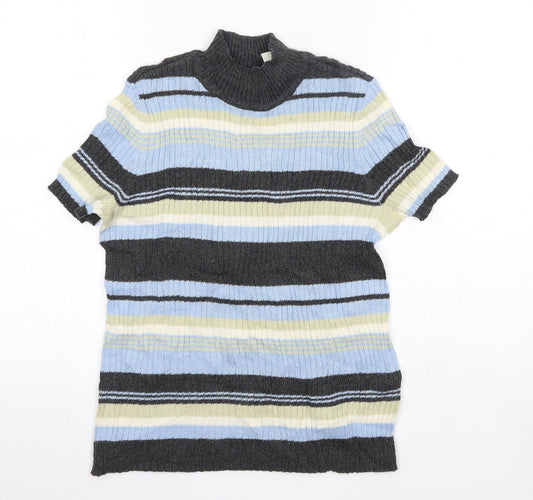 First Issue Womens Blue High Neck Striped Ramie Pullover Jumper Size S