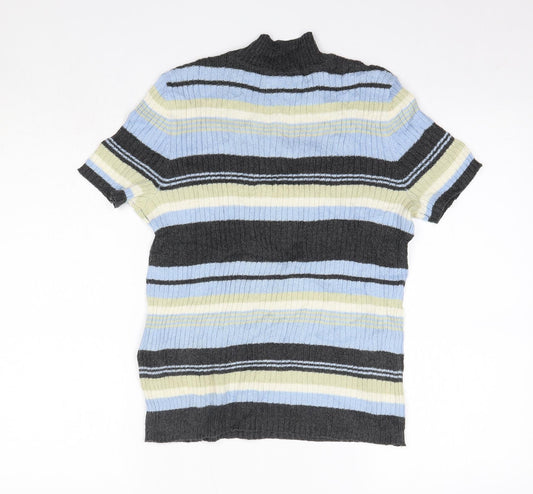 First Issue Womens Blue High Neck Striped Ramie Pullover Jumper Size S