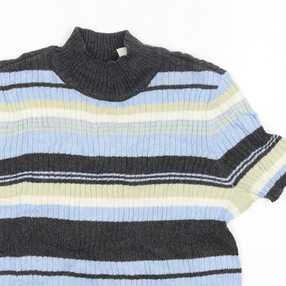 First Issue Womens Blue High Neck Striped Ramie Pullover Jumper Size S