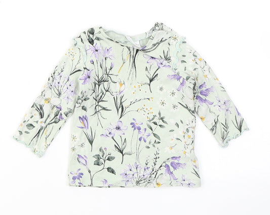 NEXT Girls Blue Floral Cotton Basic T-Shirt Size 3-6 Months Crew Neck Snap - Lettuce Edging