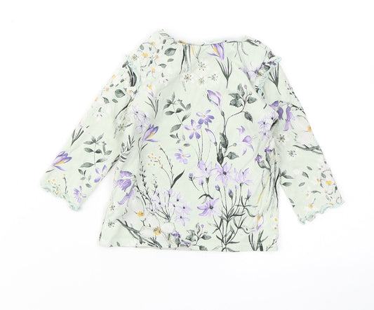 NEXT Girls Blue Floral Cotton Basic T-Shirt Size 3-6 Months Crew Neck Snap - Lettuce Edging