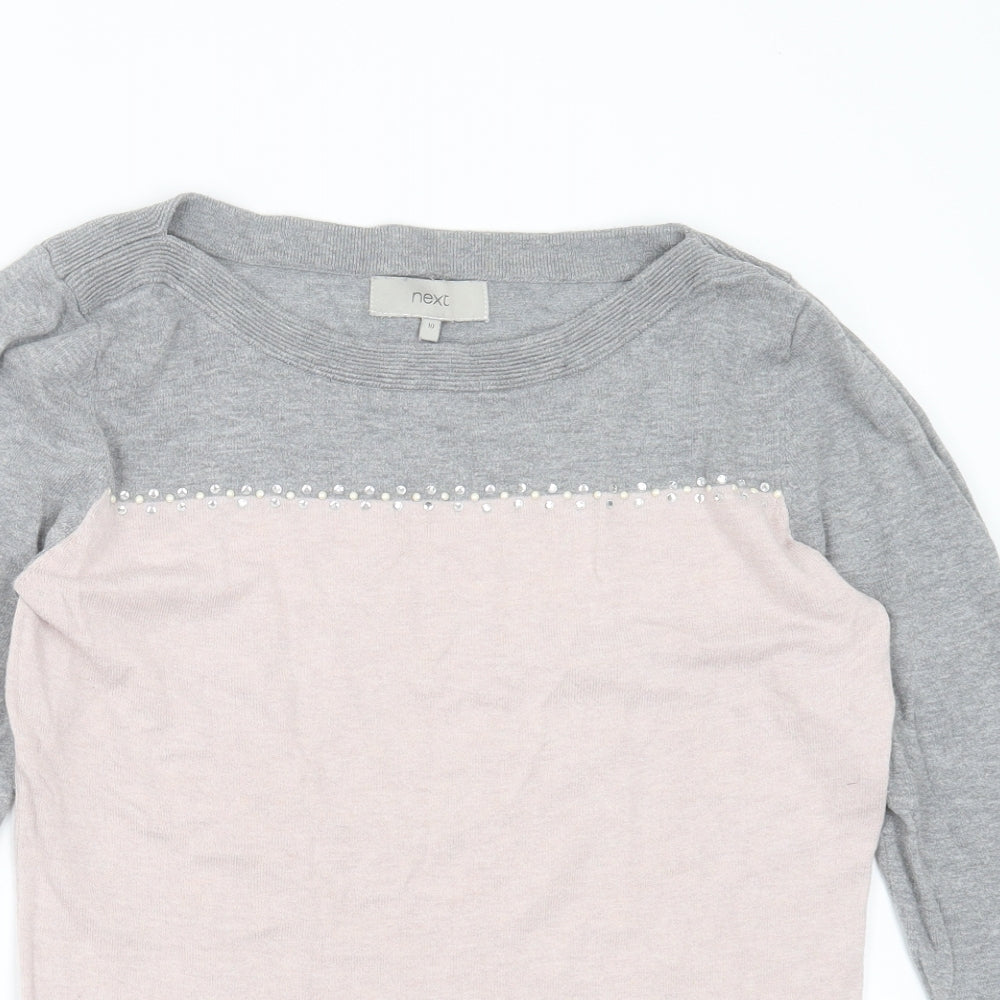 NEXT Womens Pink Boat Neck  Cotton Pullover Jumper Size 10   - Rhinestone detail