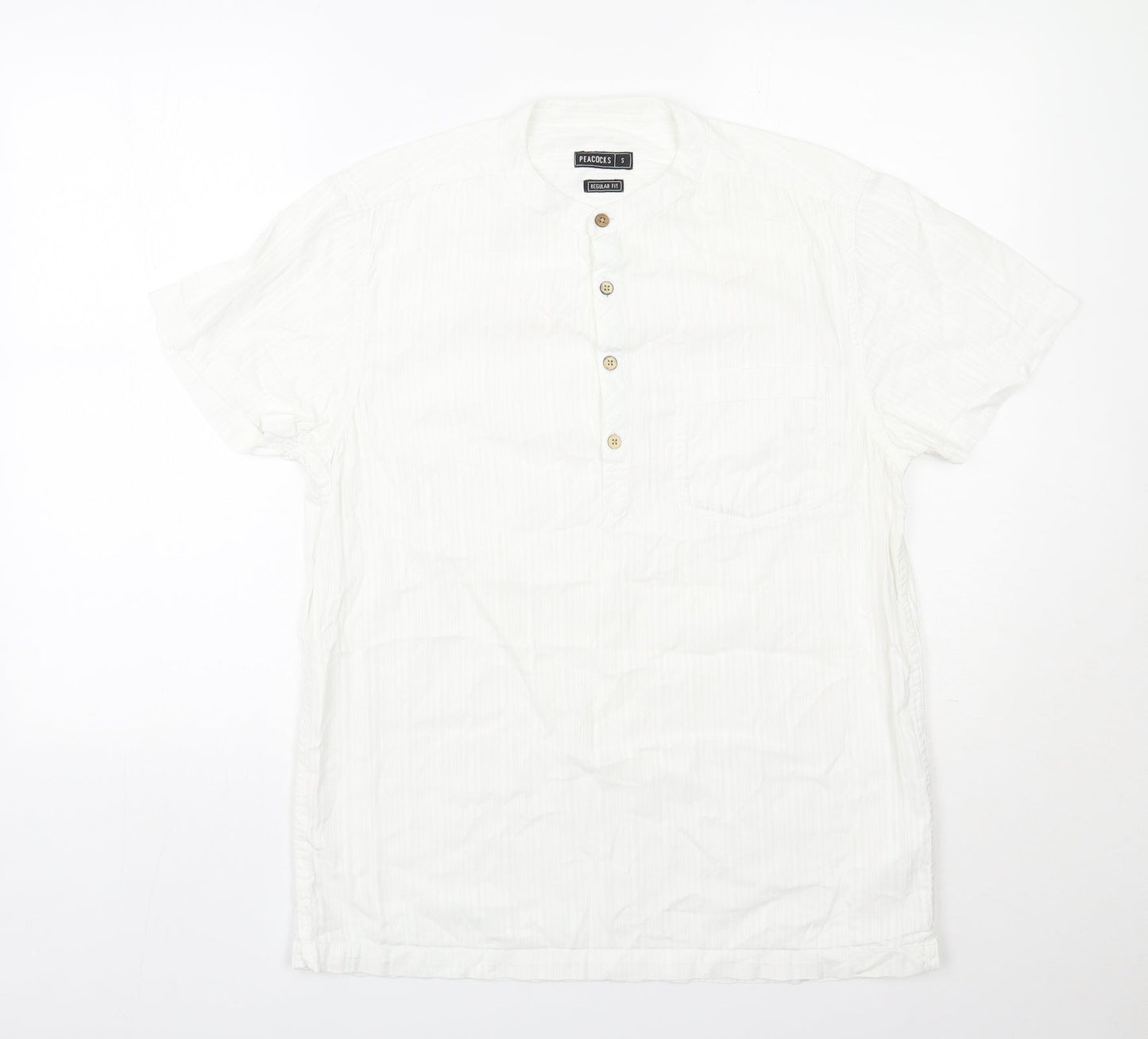 Peacocks Mens White  Cotton  Button-Up Size S Round Neck Button