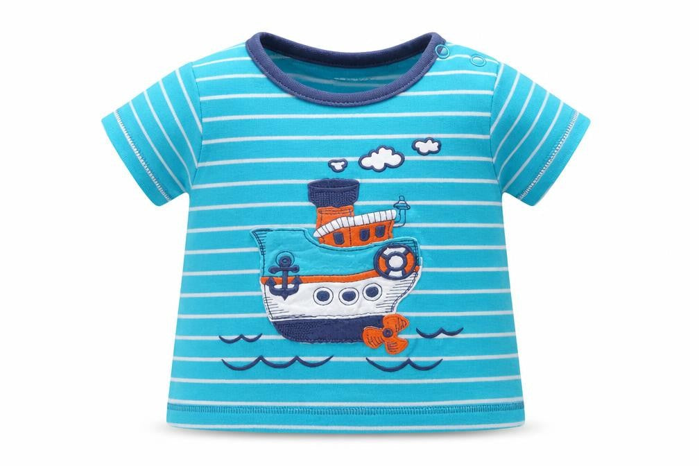 Mini Club Girls Blue Striped Cotton Basic T-Shirt Size 3-6 Months Round Neck  - boat