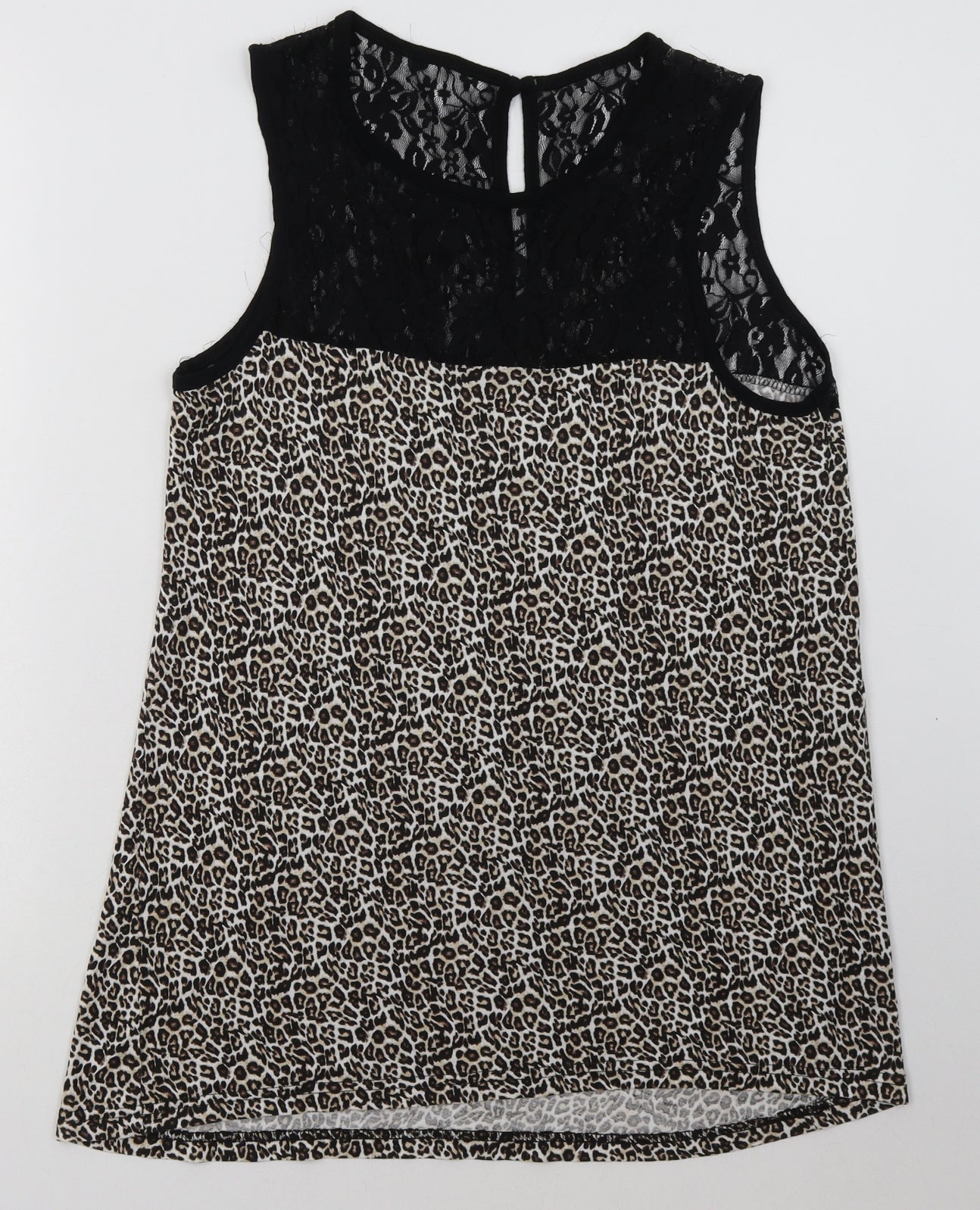Preworn Womens Brown Animal Print Polyamide Basic Tank Size 12 Crew Neck - lace detail at top