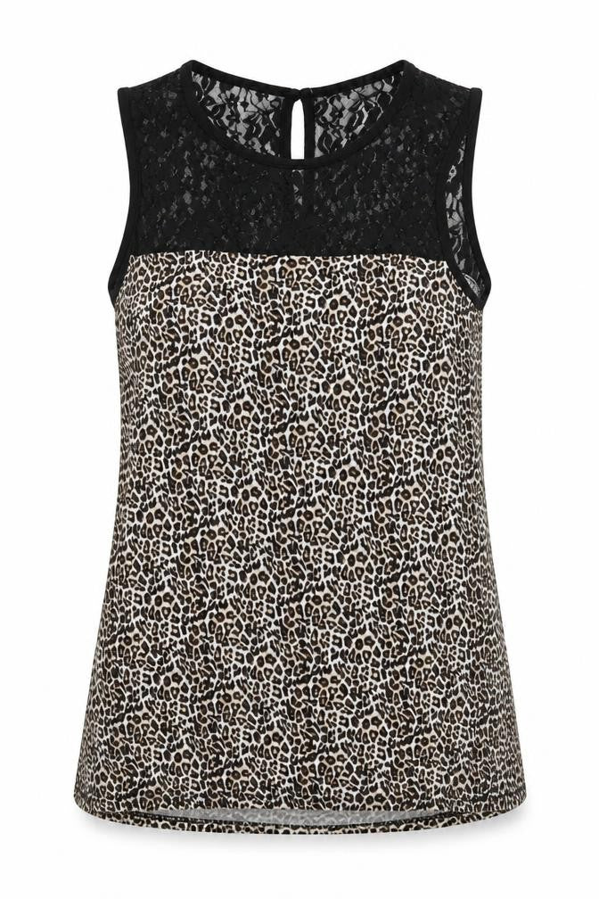 Preworn Womens Brown Animal Print Polyamide Basic Tank Size 12 Crew Neck - lace detail at top