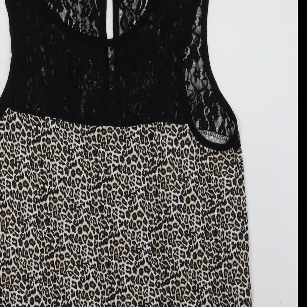 Preworn Womens Brown Animal Print Polyamide Basic Tank Size 12 Crew Neck - lace detail at top