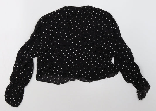 PRETTYLITTLETHING Womens Black Polka Dot Cotton Cropped Blouse Size 10 V-Neck