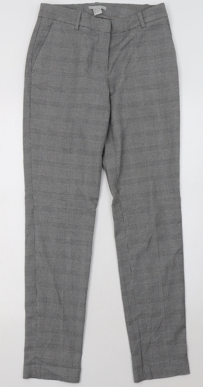 H&M Womens Grey Check Polyester Trousers  Size 4 L32 in Regular Hook & Eye