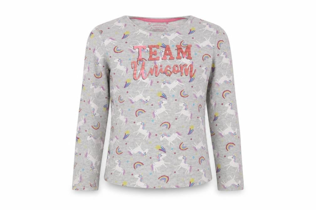 Primark Girls Grey Geometric Cotton Top Pyjama Top Size 5-6 Years   - Unicorn Print