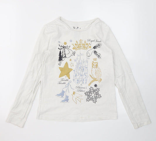 TU Girls White  Cotton Basic T-Shirt Size 11 Years Crew Neck  - Ice Princess