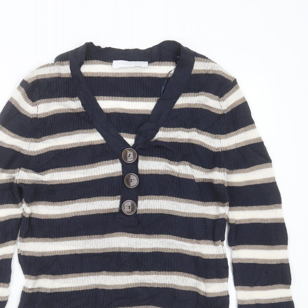 Marks and Spencer Womens Blue V-Neck Striped Cotton Pullover Jumper Size 12