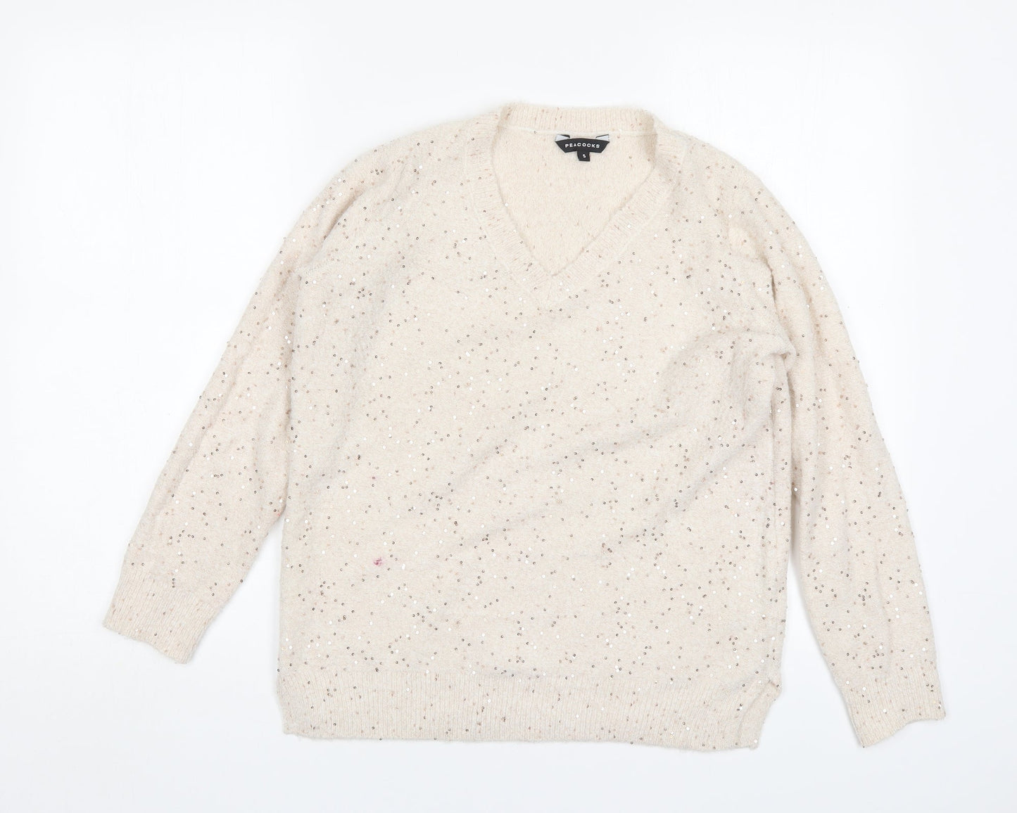 Peacocks Womens Beige V-Neck  Acrylic Pullover Jumper Size S