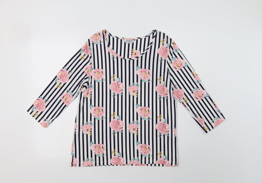 Classic Womens White Striped Polyester Basic Blouse Size 12 Round Neck