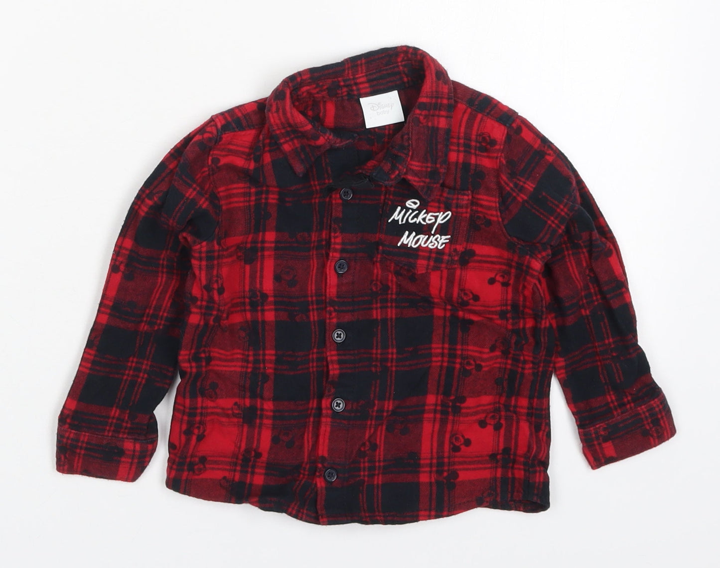 F&F Baby Red Check Cotton Basic Button-Up Size 12-18 Months Collared Button - Mickey Mouse