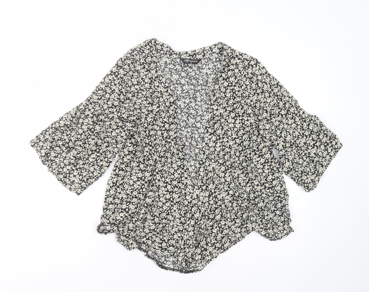 internationale Womens Black Floral Viscose Basic Blouse Size 10 V-Neck