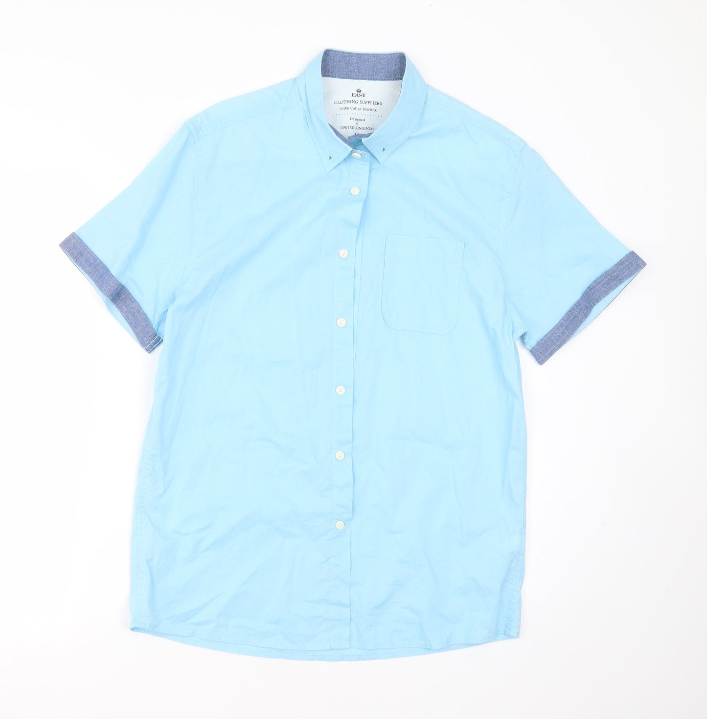 Easy Mens Blue  Cotton  Button-Up Size M Collared Button
